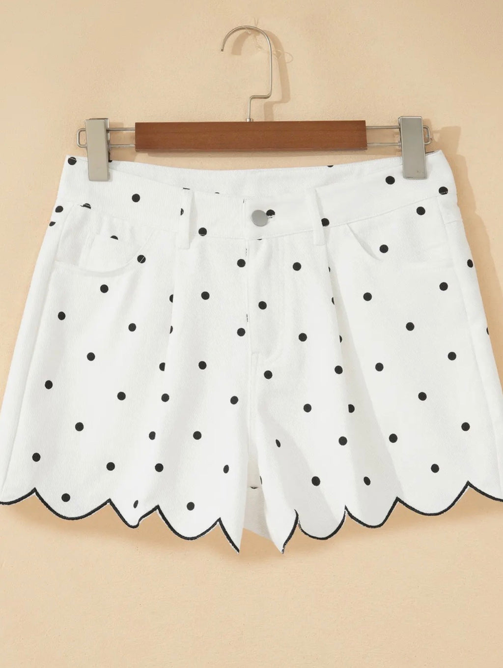 Polka Dot Denim Embroidered Scallop Hem Shorts