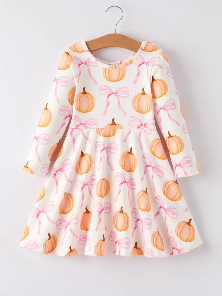 Fall Pumpkin Bow Print Long Sleeve Dress