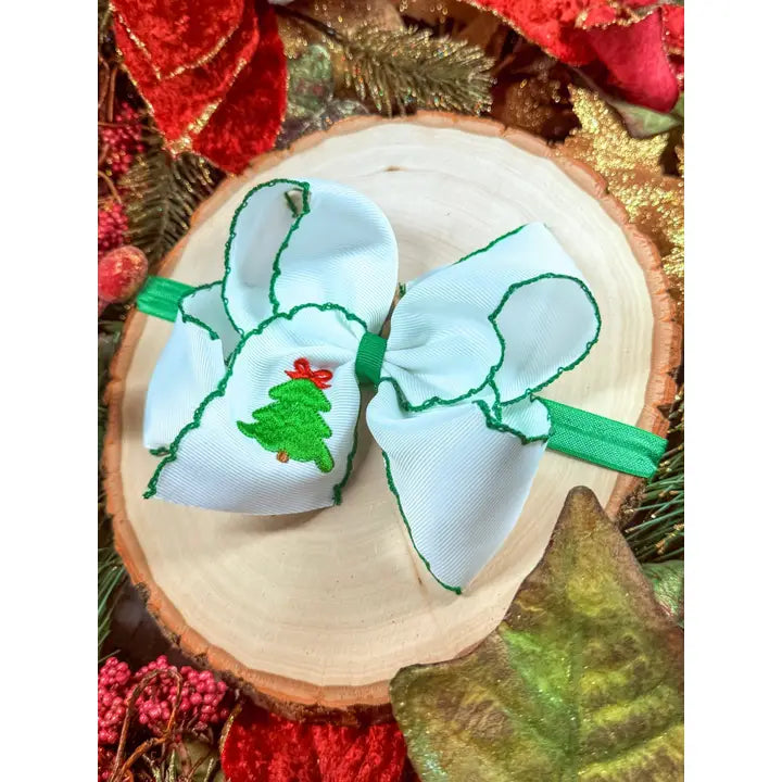 Christmas Tree Embroidered Hair Bow | Clip or Headband