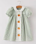 Fall Pumpkin Applique Plaid Green Girls Dress