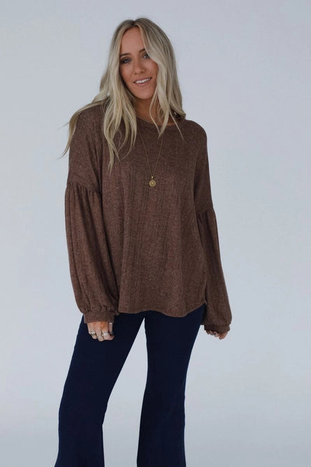 Sweet Heart Balloon Sleeve Knit Sweater - Mocha