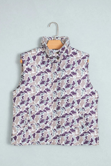 Camouflage Puffer Zip-Up Stand Neck Sleeveless Vest