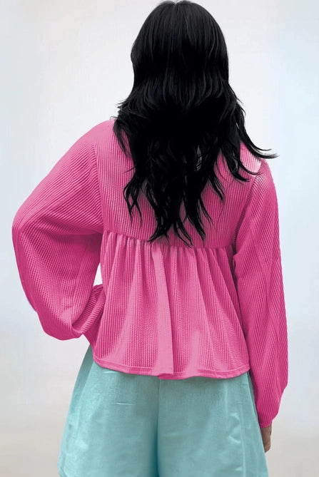 Corded Turn-Down V Neck Bubble Sleeve Babydoll Blouse