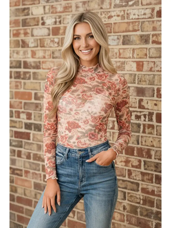 Floral Mesh Mock Neck Long Sleeve Top