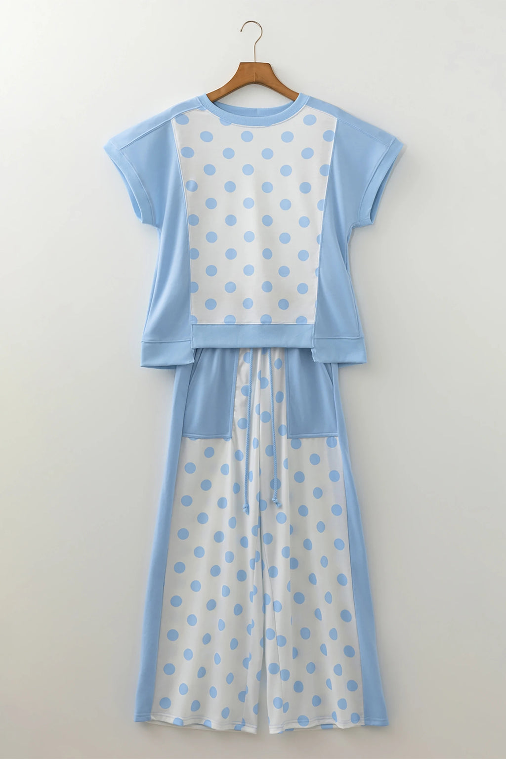 Sky Blue Color Block Patchwork Polka Dot Wide Leg Pant Set