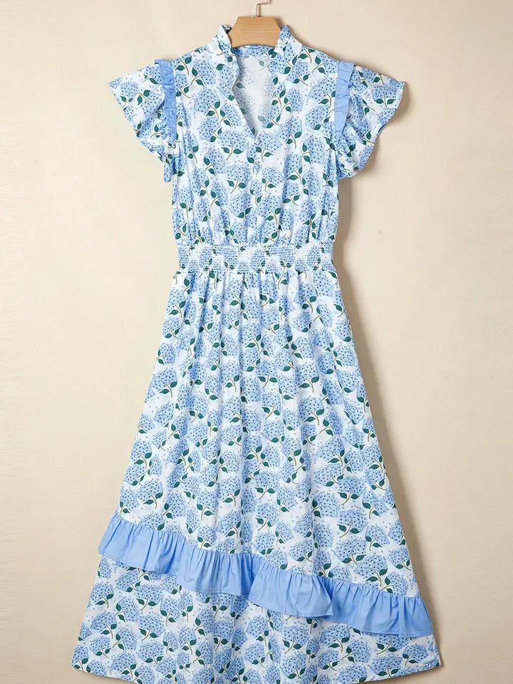 Floral Ruffle Trim Flutter Sleeve Maxi Dress