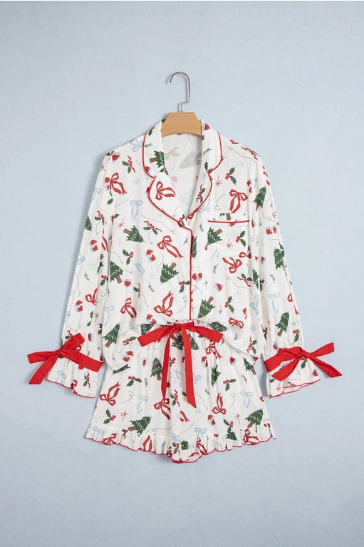 Christmas Tree Graphic Bow Ruffle Cuff Lounge Set