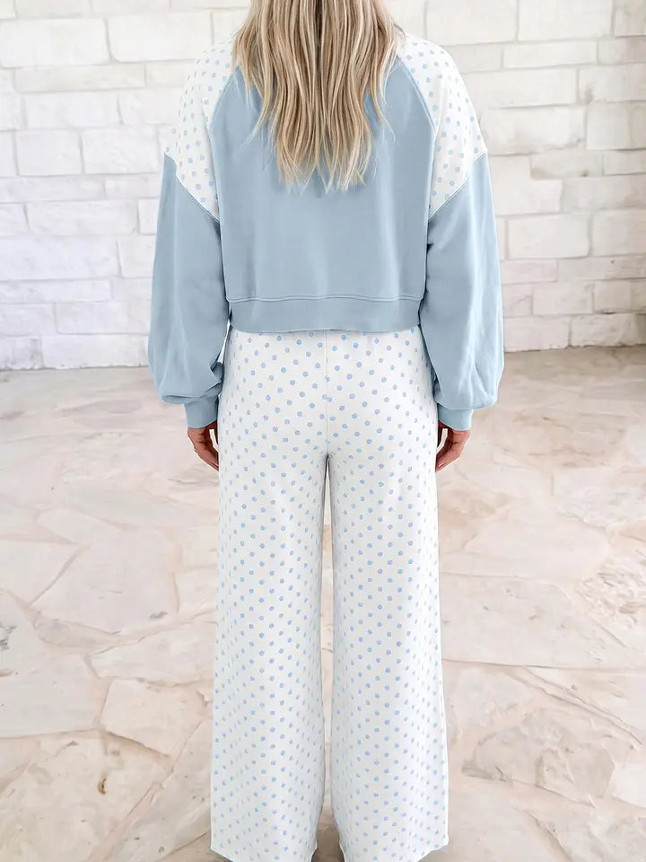 Polka Dot Patchwork Colorblock Long Sleeve Casual Two Piece