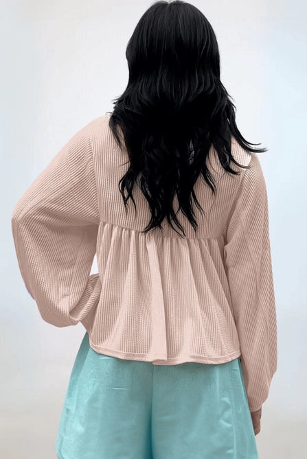 Corded Turn-Down V Neck Bubble Sleeve Babydoll Blouse