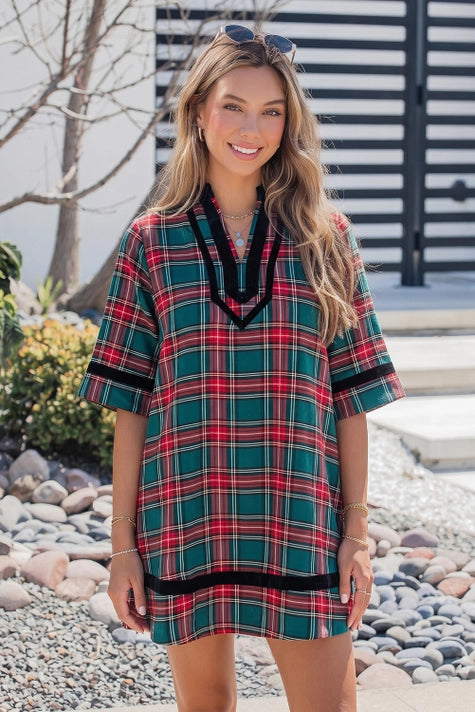 Christmas Plaid Print Velvet Trim Pockets Dress