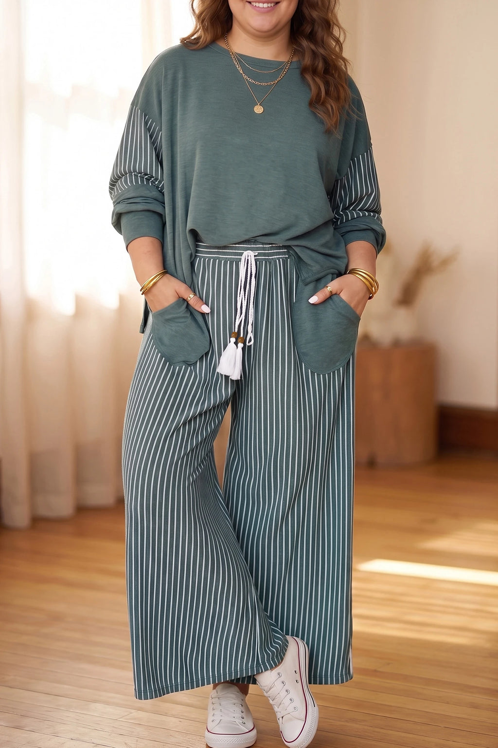 Green Bay Raw Seam Patchwork Long Sleeve Top Pocket Set