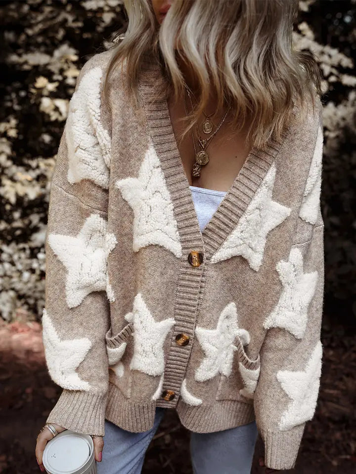 Star Sherpa Textured Buttoned Sweater Cardigan