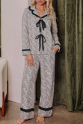 Brown Leopard Print Bow Knot Patchwork Long Sleeve Lounge Set
