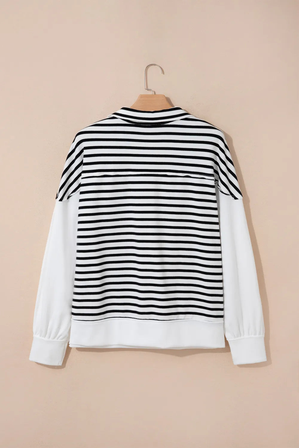 White Stripe Color Block Long Puff Sleeve Metal Zip-Up Collar Top