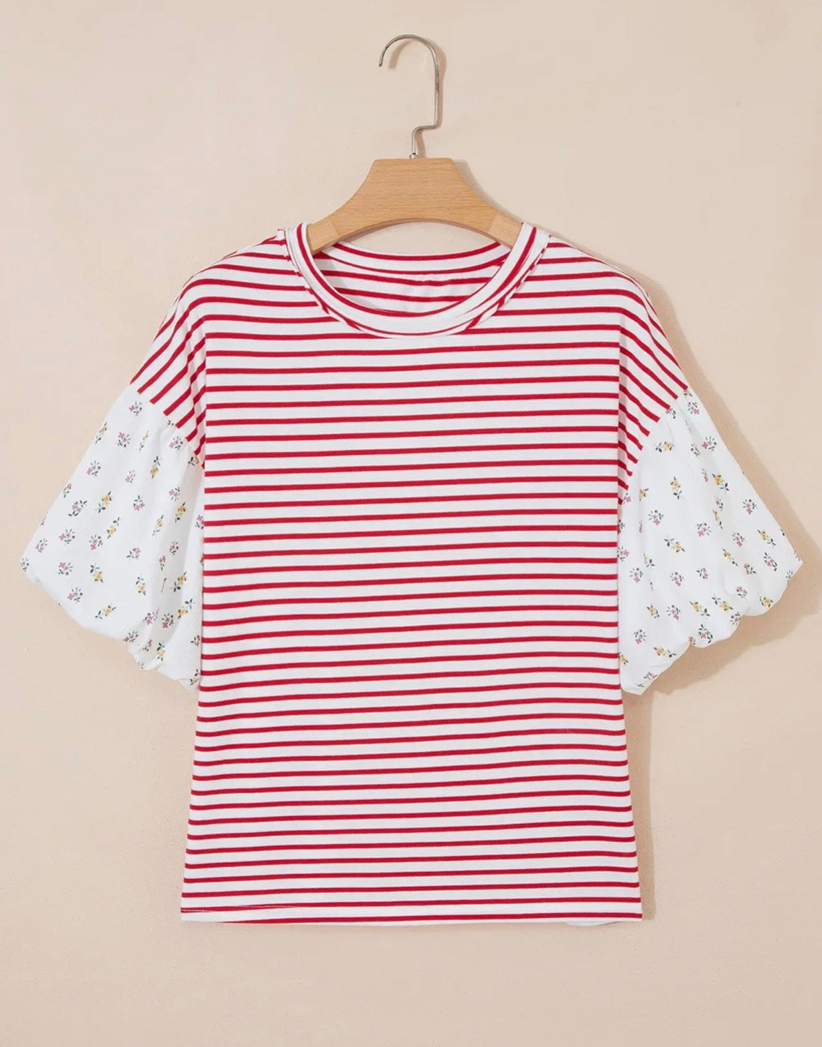 Stripe Floral Puff Sleeve Patchwork Round Neck Top