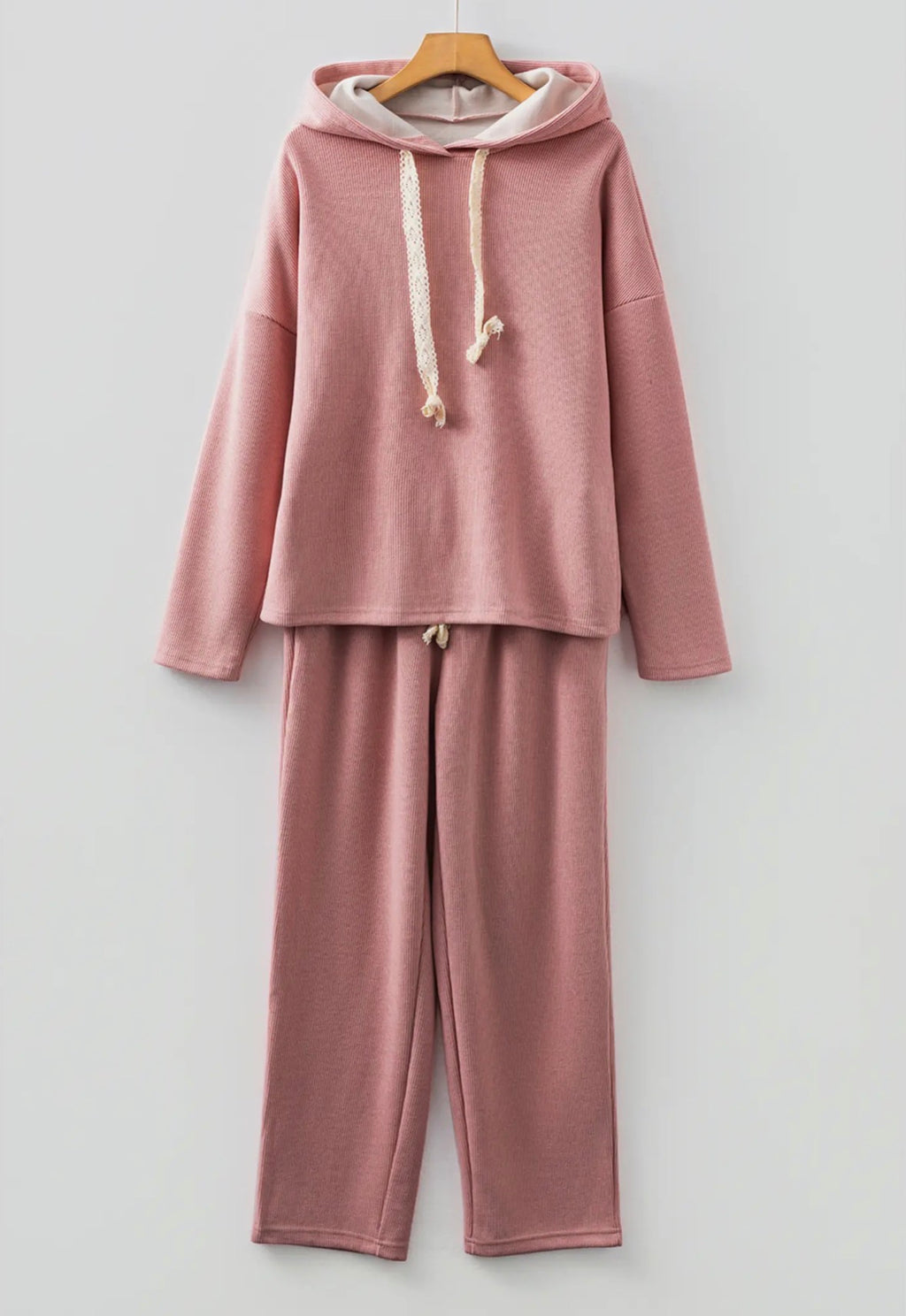 Drawstring Pullover Hoodie and High Waist Pants Corduroy Set
