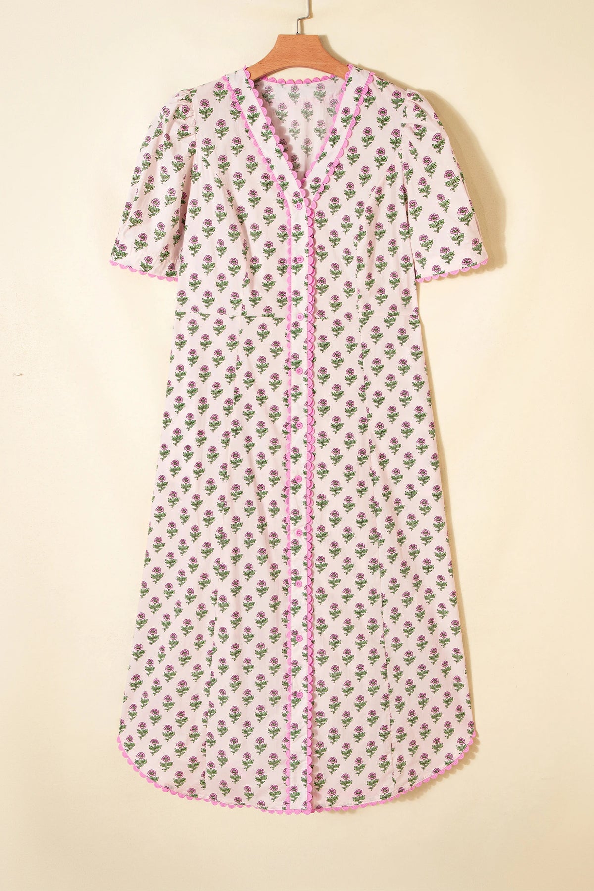 Pink Floral Print V Neck Scallop Long Dress
