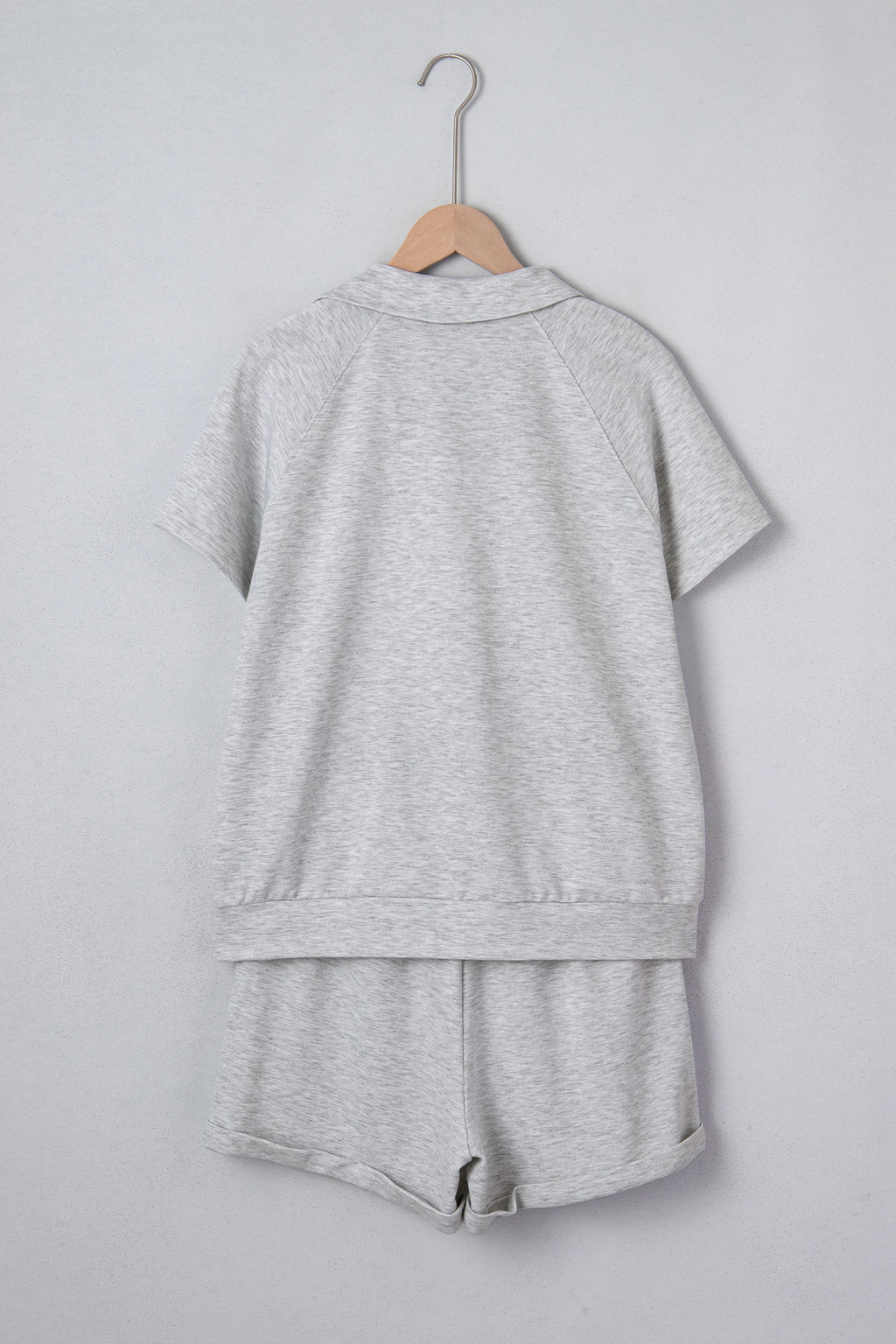Light Grey Collared V Neck Tee Drawstring Elastic Waist Shorts Set