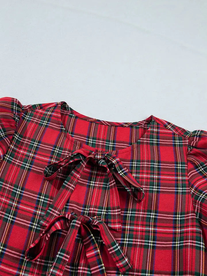 Plaid Bow Tie Neck Short Sleeve Ruffle Dress