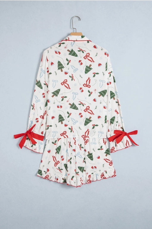 Christmas Tree Graphic Bow Ruffle Cuff Lounge Set