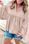 Corded Turn-Down V Neck Bubble Sleeve Babydoll Blouse