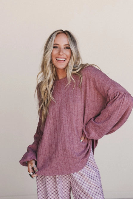 Sweet Heart Balloon Sleeve Knit Sweater - Mulberry