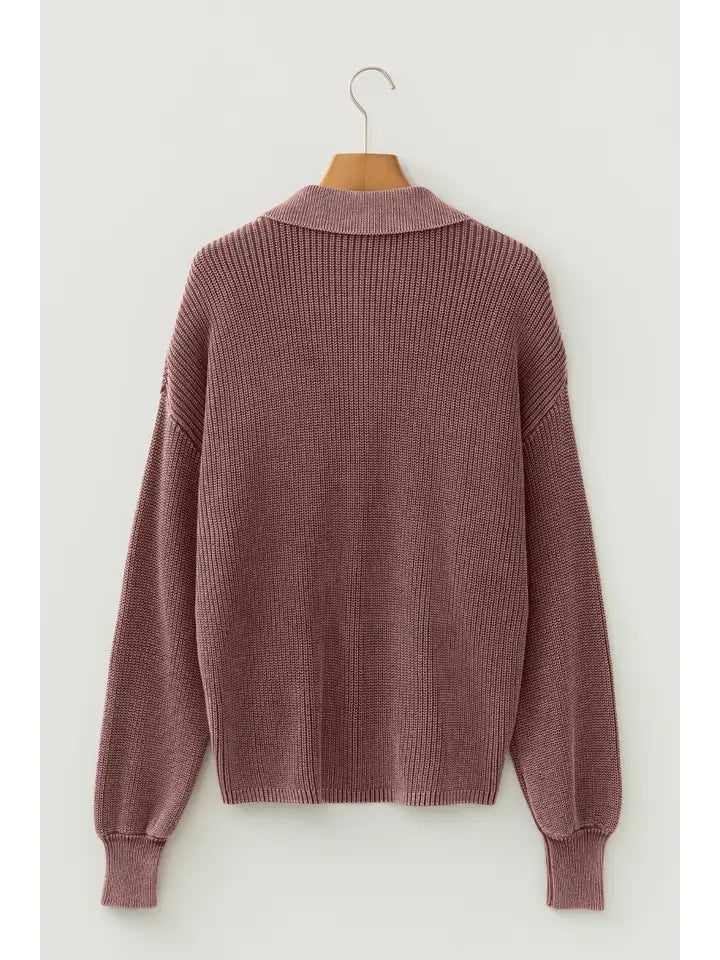 Mineral Wash Buttoned Polo Collar Knit Sweater