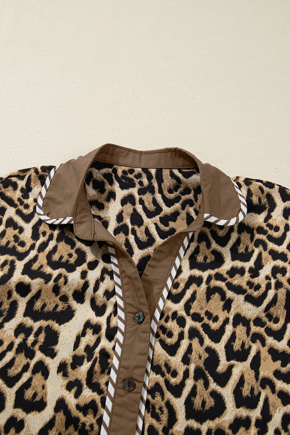 Brown Leopard Collared 3/4 Sleeve Shirt and Loose Pants Pajamas