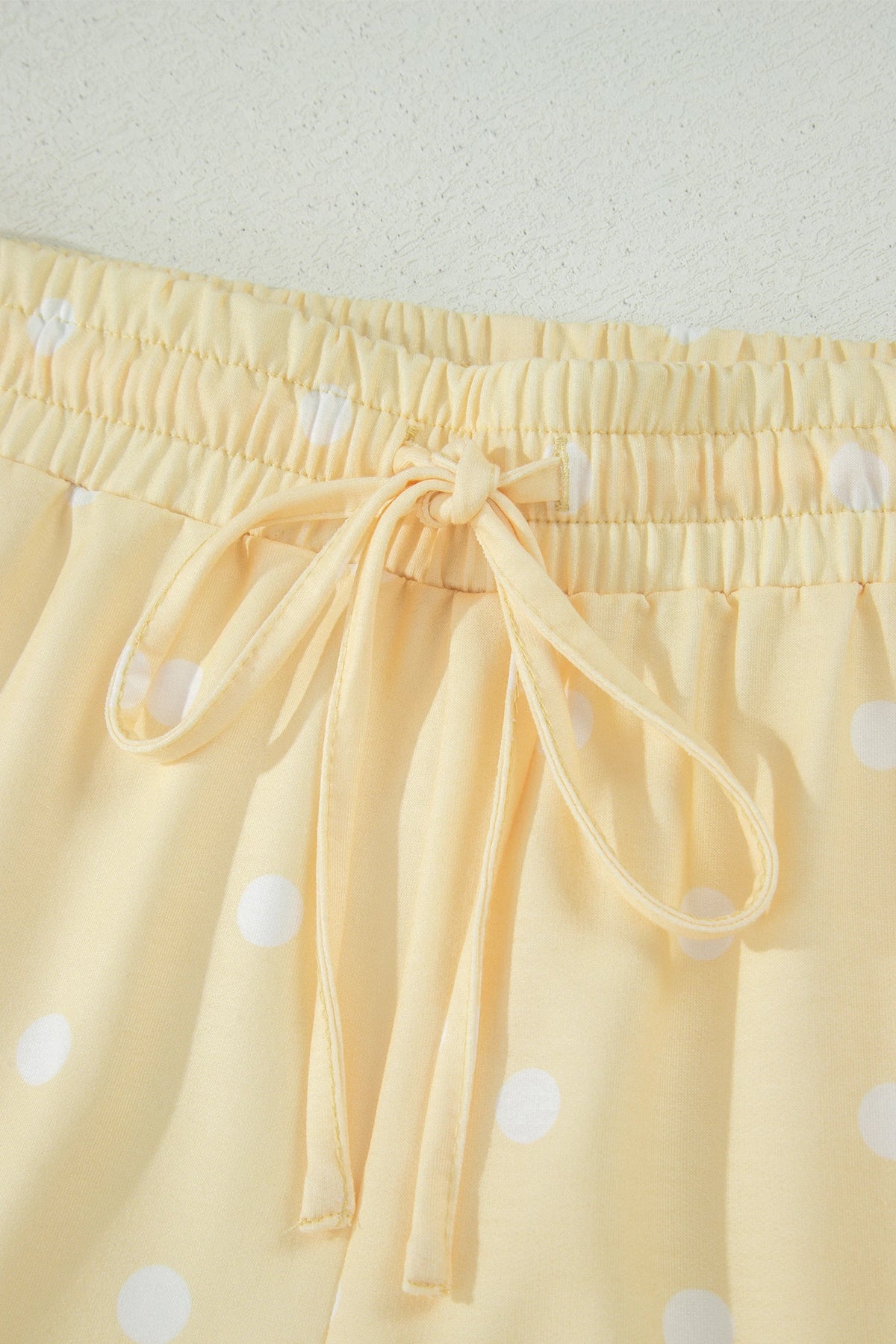 Yellow Polka Dot Short Sleeve Loose Top Drawstring Shorts Set