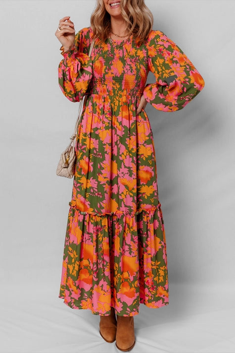 Floral Puff Sleeve Smocked Bodice Ruffled Long Dress