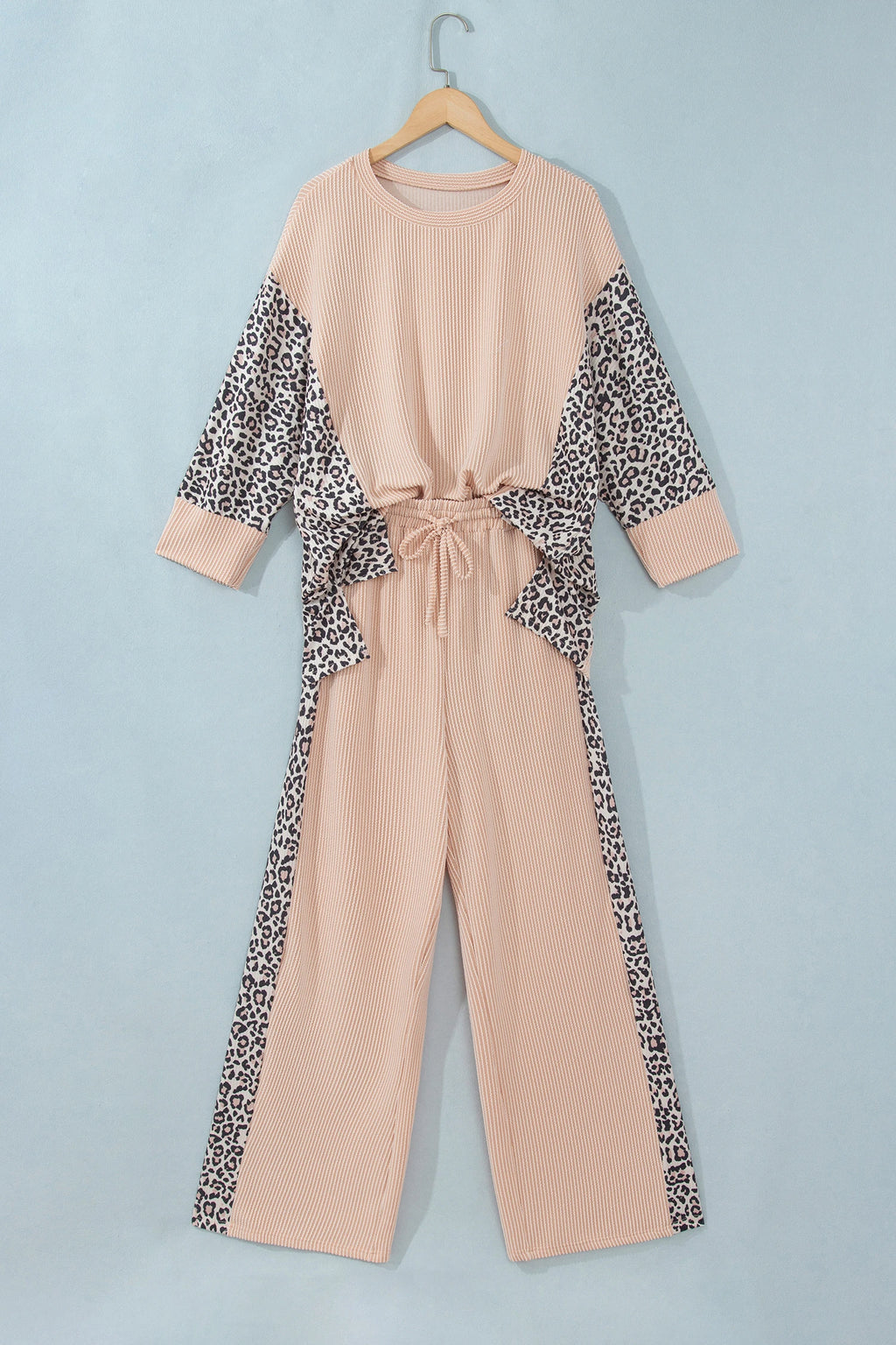 Parchment Leopard Print Twisted Ribbed Patchwork Long Sleeve Top Loose Pant Set