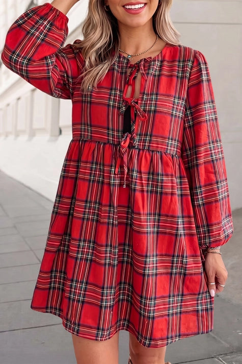 Christmas Plaid Tie Front Shift Mini Dress