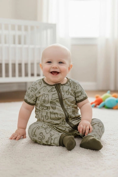 Gone Fishing Short Sleeve Baby Romper with Olive Green Hem.