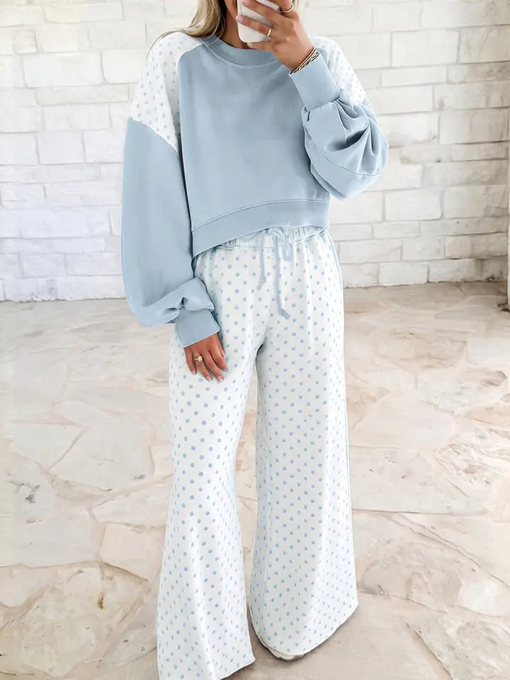 Polka Dot Patchwork Colorblock Long Sleeve Casual Two Piece