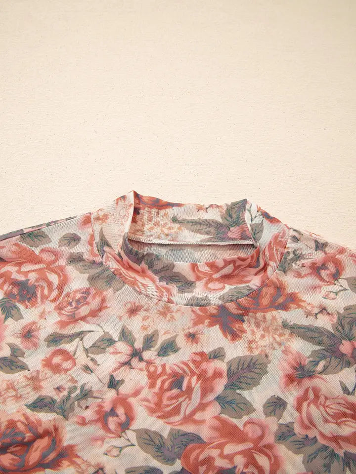 Floral Mesh Mock Neck Long Sleeve Top