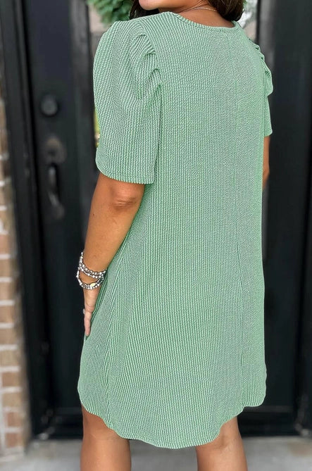 Corded Knit Crew Neck Puff Sleeve Shift Mini Dress