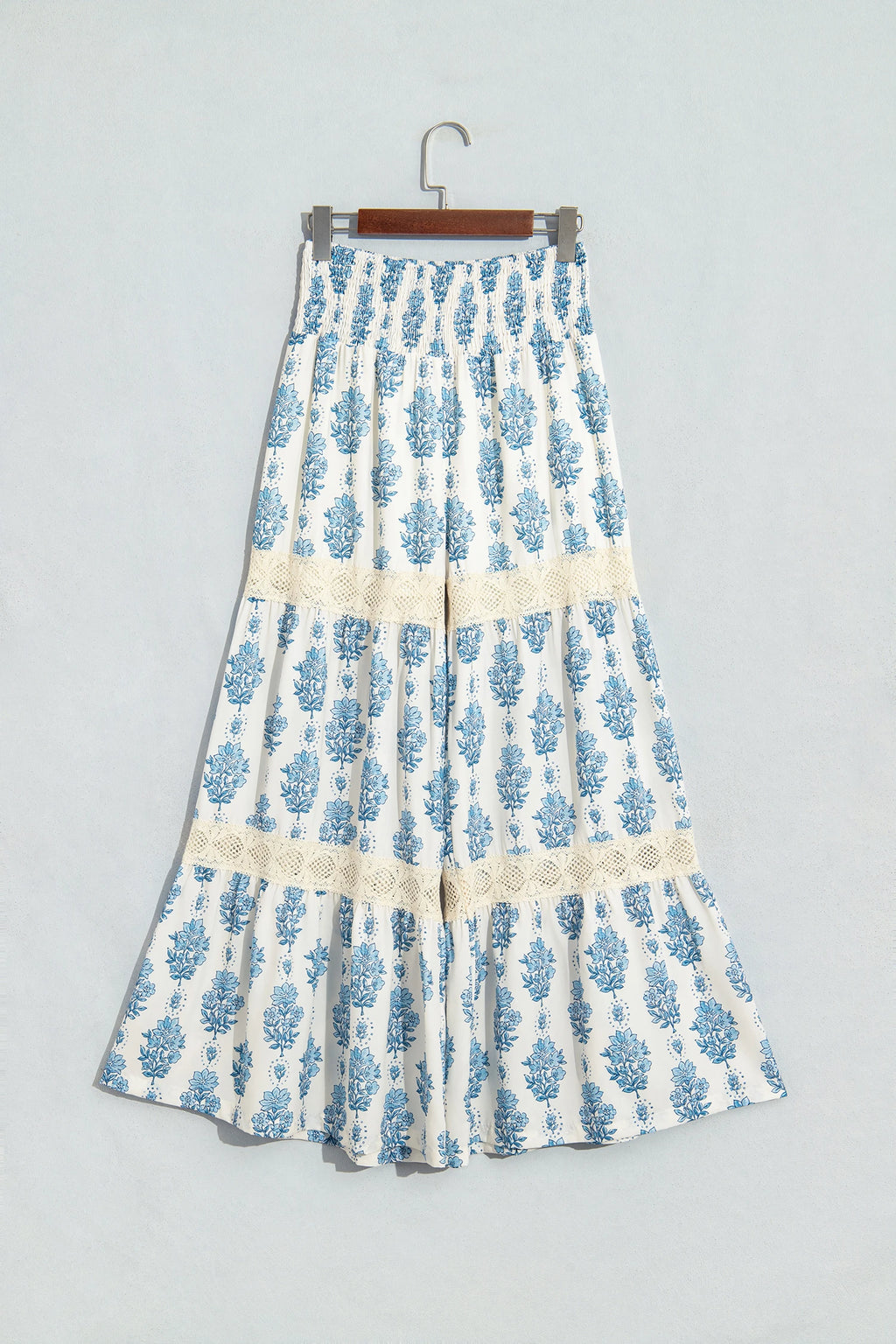 Sky Blue Floral Print Lace Patchwork Detail Wide Leg Pants