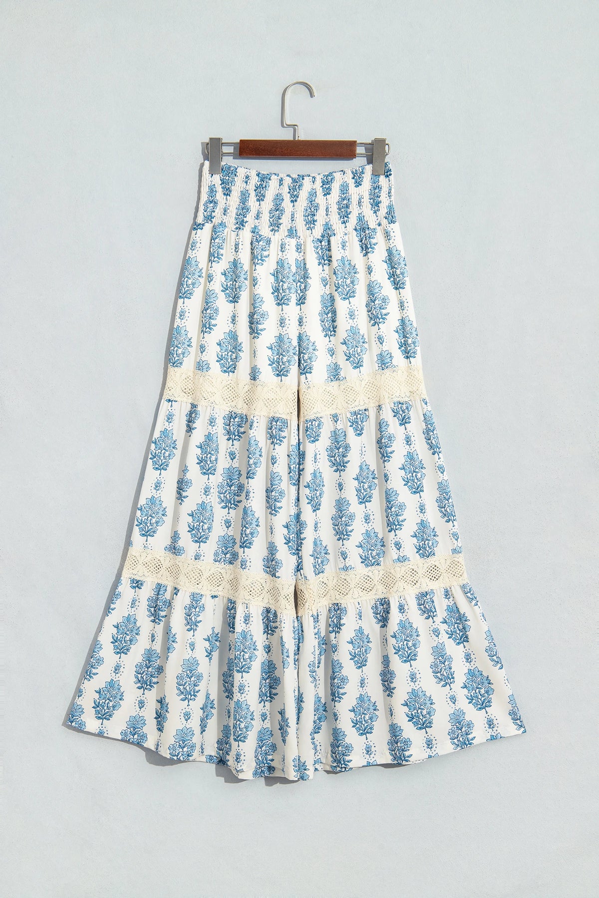 Sky Blue Floral Print Lace Patchwork Detail Wide Leg Pants
