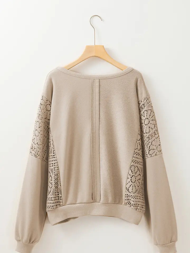 Knit Crochet Exposed Seam Ribbed Trim Sweatshirt