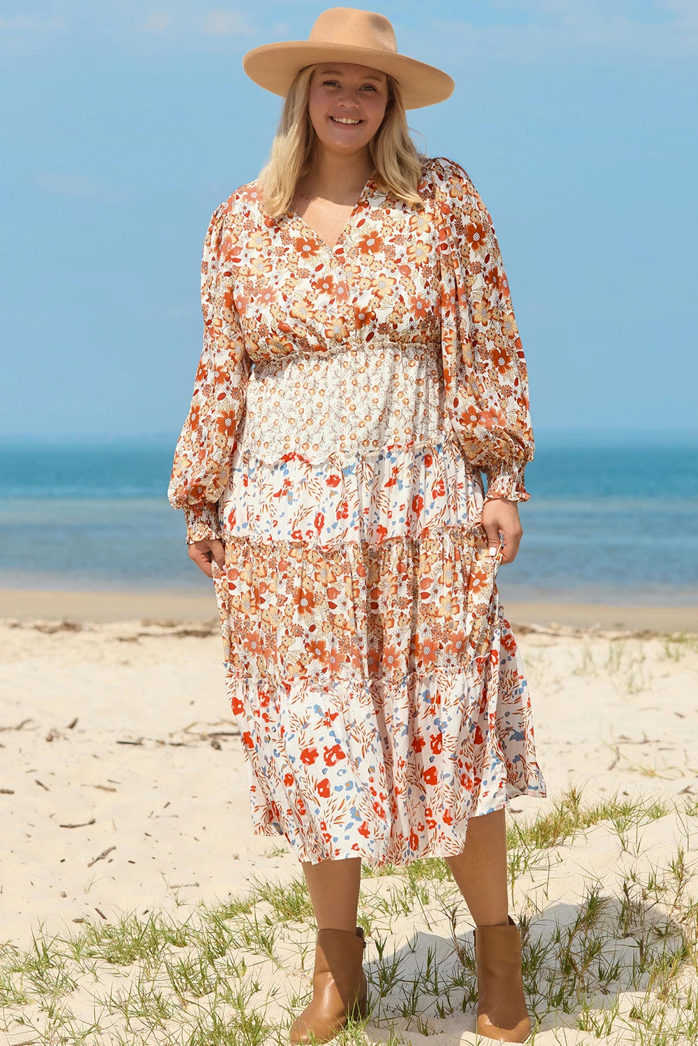 Khaki Floral Print Ruffled Tiered Long Sleeve V Neck Midi Dress