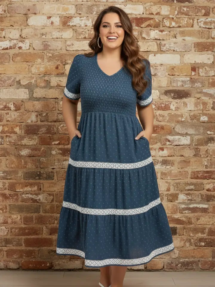 Plus Size Swiss Dot Lace Patchwork Midi Dress