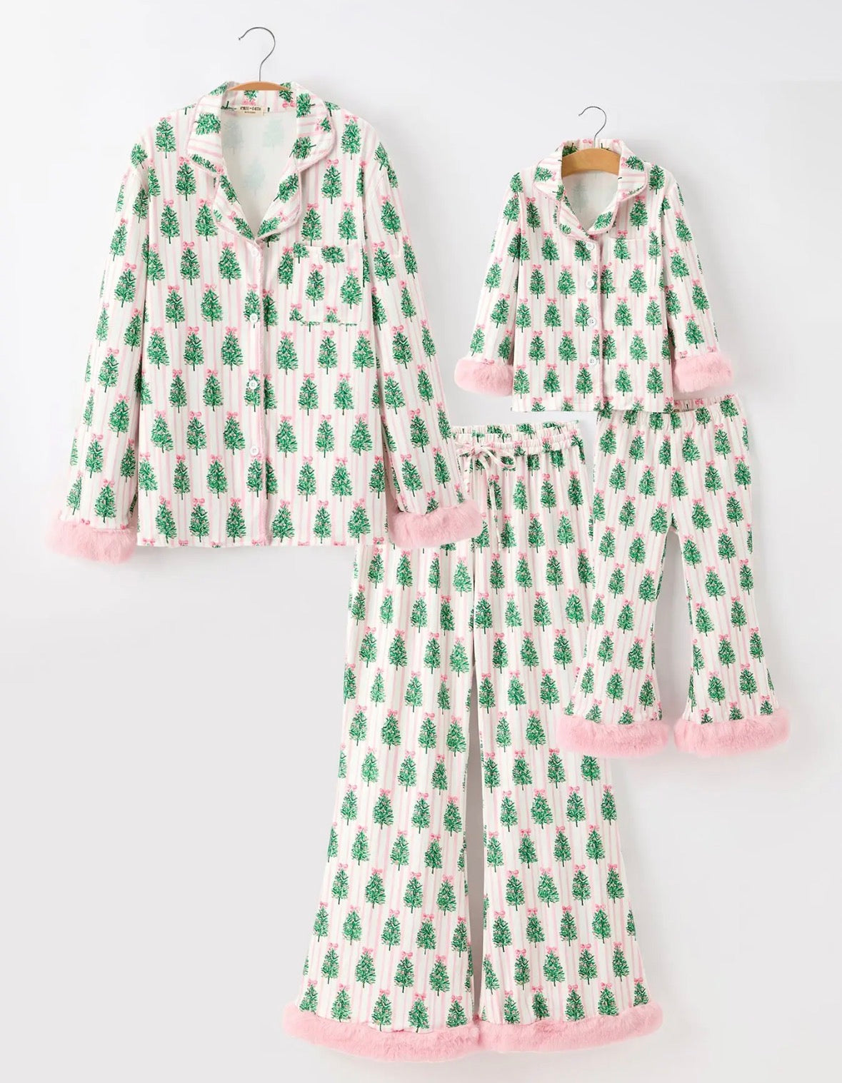 Mommy and Me Christmas Tree Print Pajama Set with Faux Fur Trim