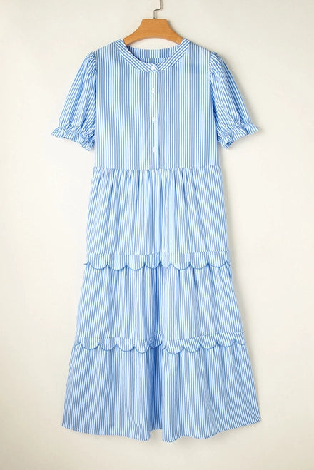 Stripe Bubble Sleeve Tiered Scallop Maxi Dress