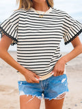 Stripe Scallop Lace Trim Ruffle Short Sleeves Crewneck Top