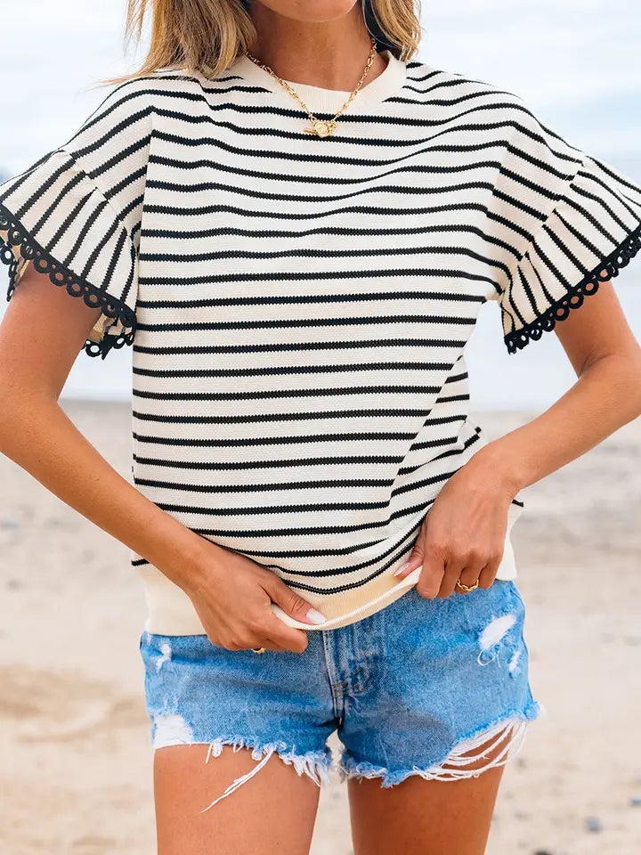 Stripe Scallop Lace Trim Ruffle Short Sleeves Crewneck Top