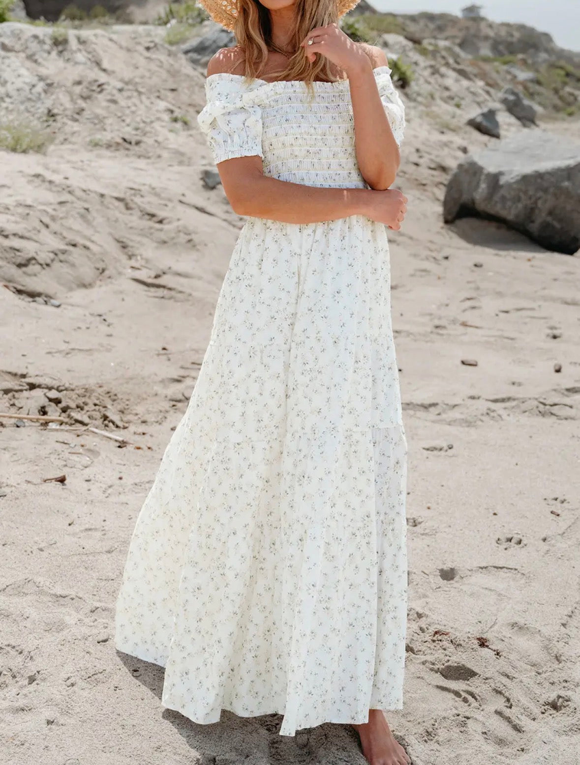 Robin Frilly Shirred Bodice Tiered Floral Maxi Dress