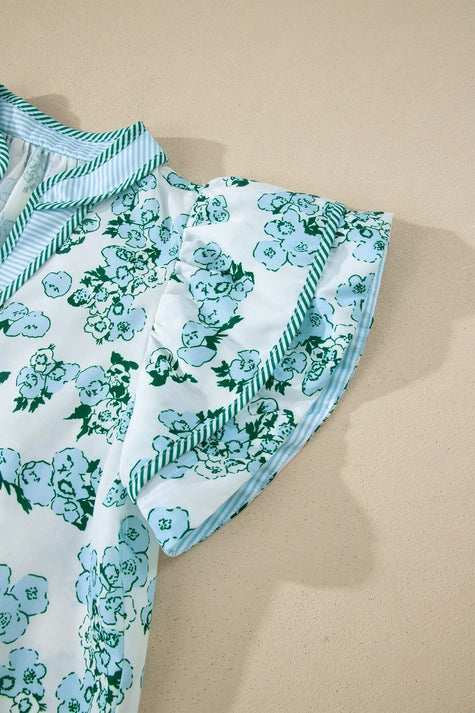 Floral Striped Flutter Sleeve Blouse