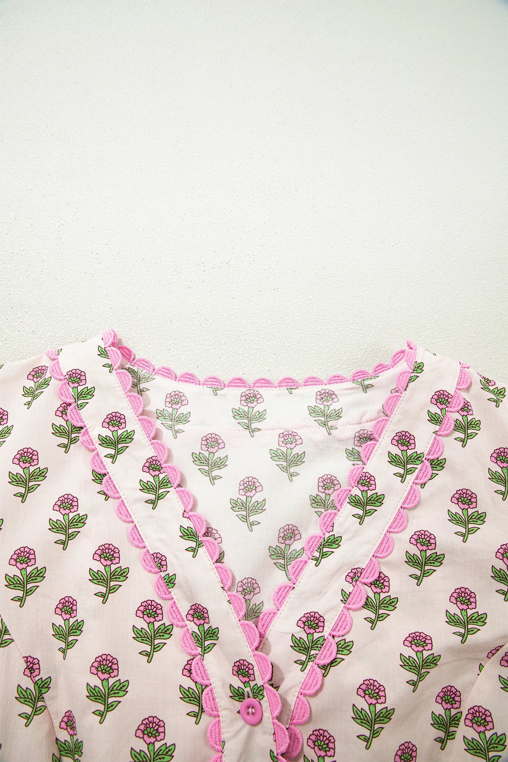 Pink Floral Print V Neck Scallop Long Dress