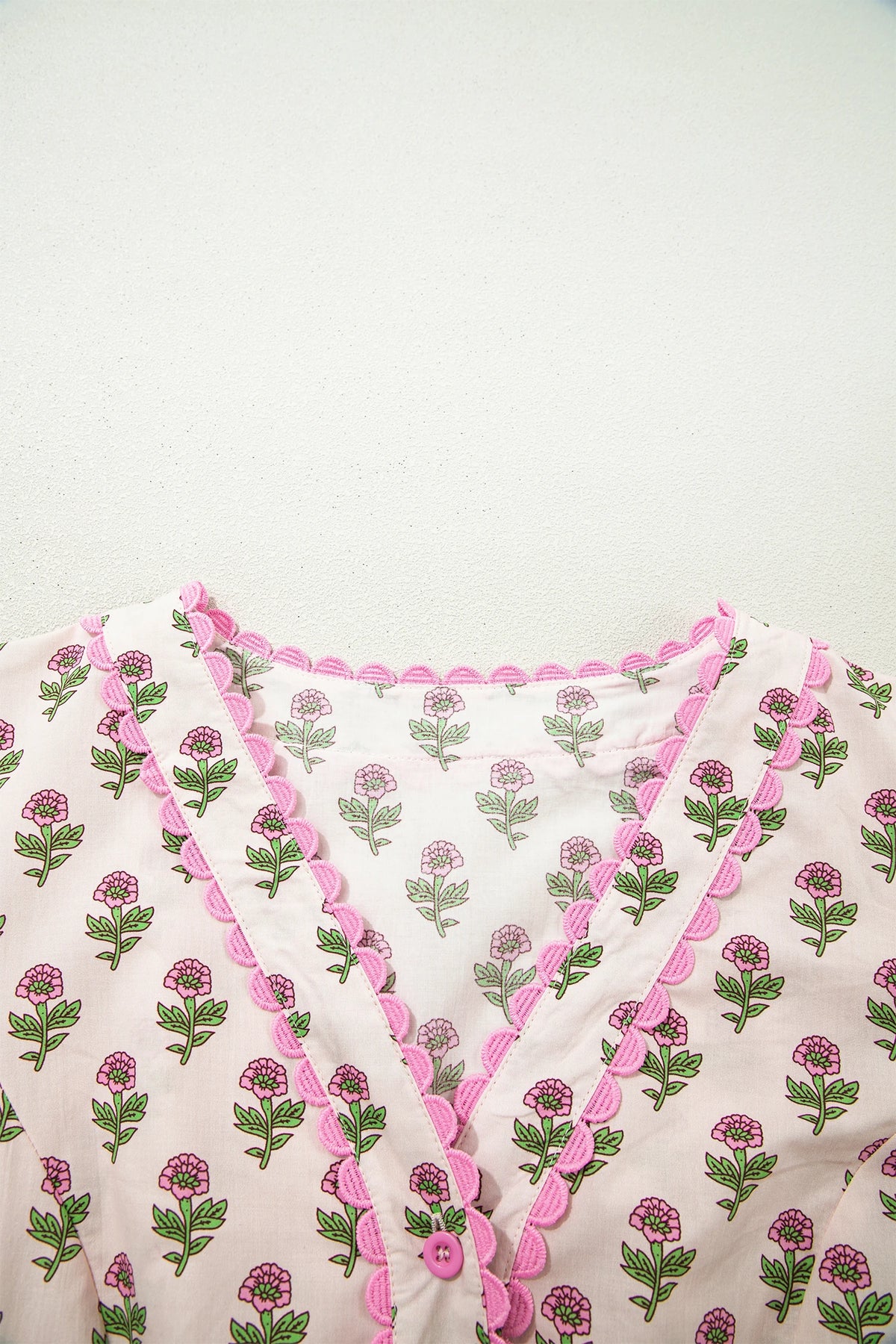 Pink Floral Print V Neck Scallop Long Dress
