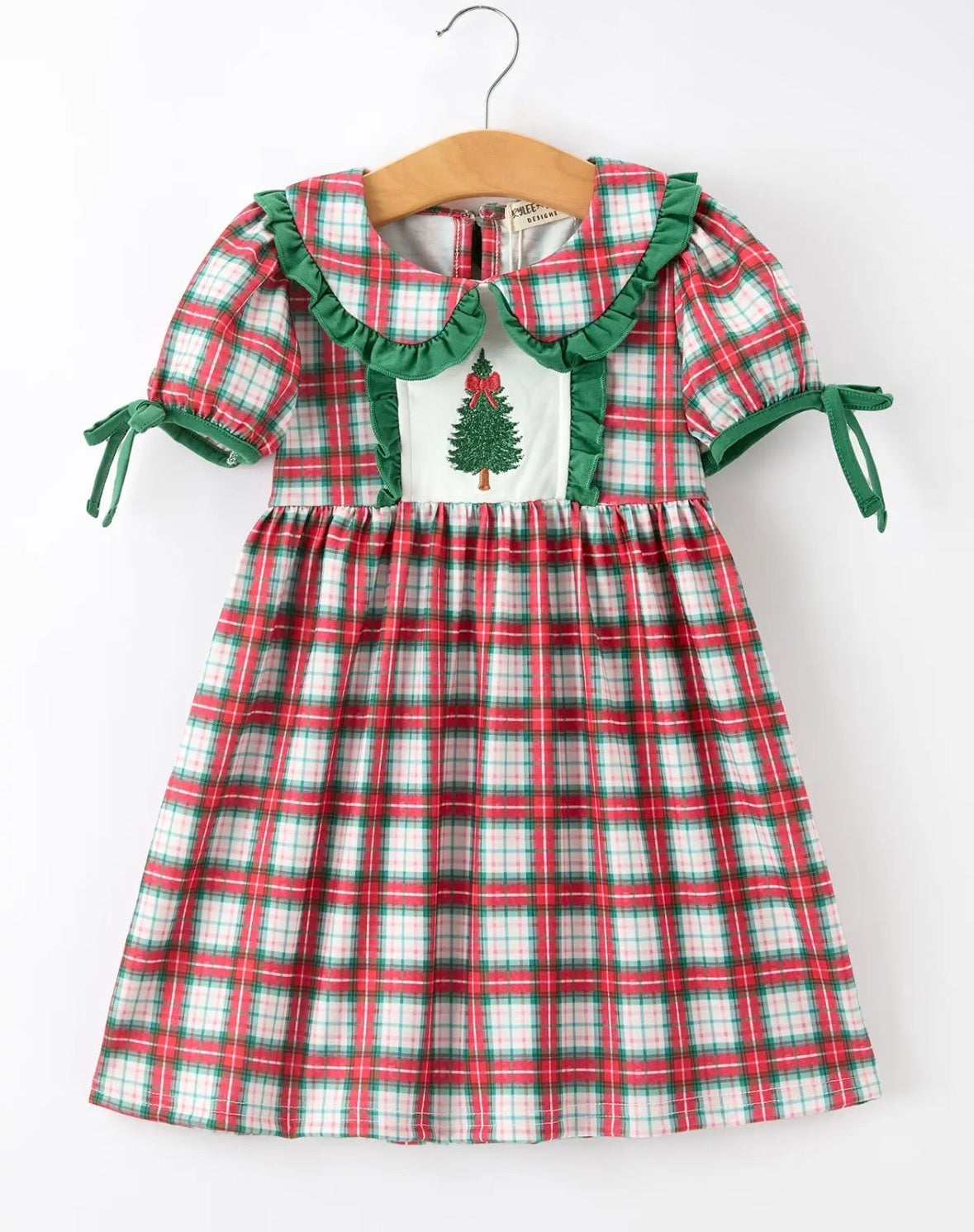 Christmas Tree Plaid Girls Dress Petals Collar Ruffle
